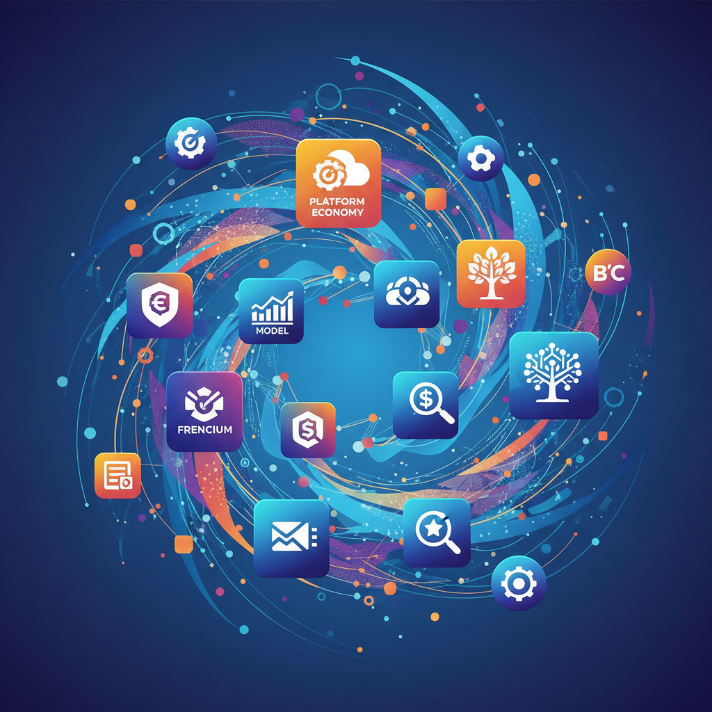 Abstract illustration of various business models represented by different company logos, intertwined with data streams, vibrant colors, modern graphic design, no text
