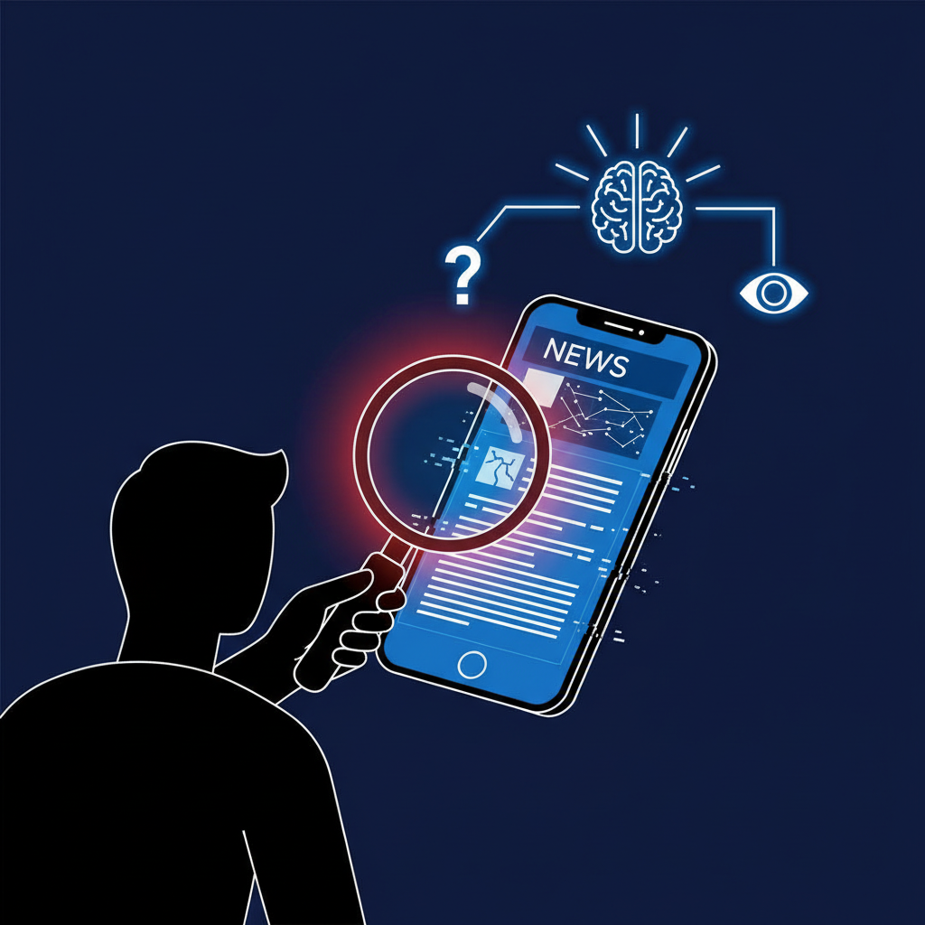 A person using a magnifying glass to scrutinize a smartphone screen, searching for subtle errors or inconsistencies in a news article, representing fact-checking and critical thinking, modern infographic, high contrast, clean layout, no text