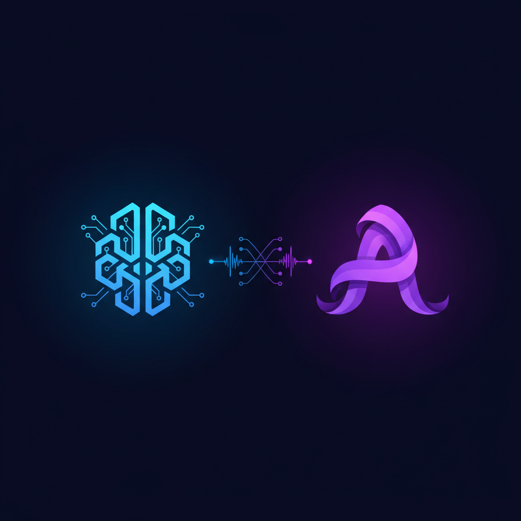 Two distinct AI startup logos shining side by side, clean infographic, modern layout, high contrast, interconnected elements, dark blue and purple background, no text, 1:1 aspect ratio