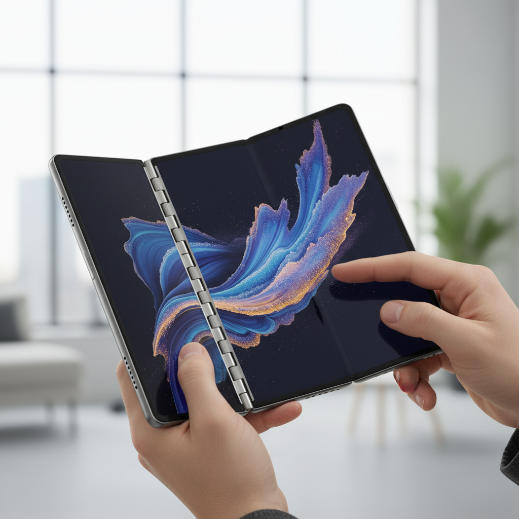 A detailed lifestyle photograph of a person holding the Samsung Galaxy Z TriFold, showcasing its unique triple-folding design. The device is partially folded, revealing its three panels and two flexible hinges. The background is a blurred, modern office setting with natural light. Focus on the user interaction and the device's sleek appearance. No visible text.