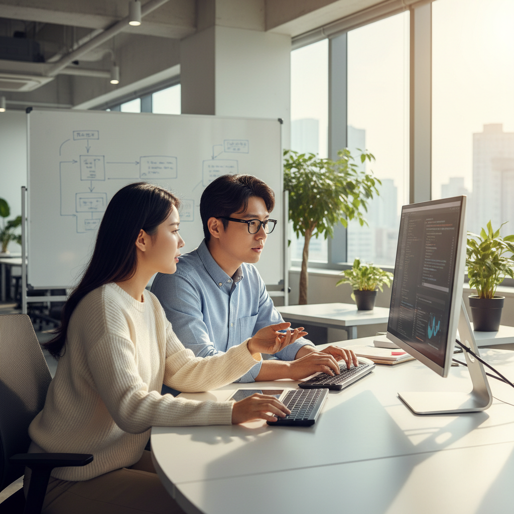 Two Korean software software engineers, one male and one female, collaborating intently on a complex coding project, representing partnership and innovation, bright lighting, modern office background, natural expression, centered focus, no text