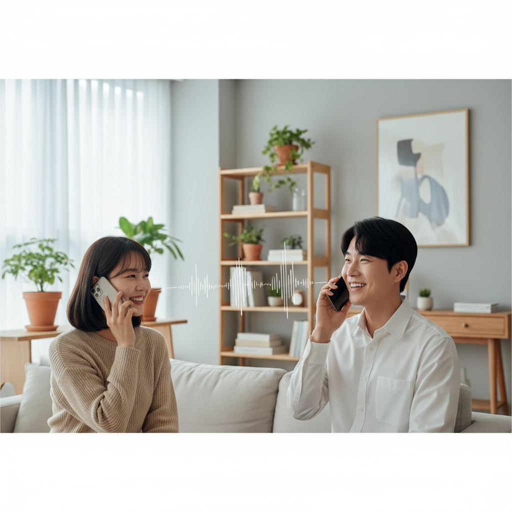 A couple happily exchanging voice messages on their smartphones, depicting genuine connection through voice, modern interior background, bright lighting, Korean appearance, no text