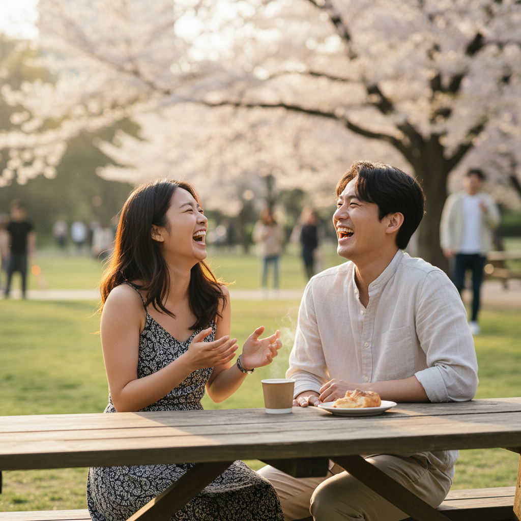 Two people engaged in lively conversation, laughing in an outdoor setting, symbolizing genuine connection and interaction through voice, warm lighting, vibrant park background, Korean appearance, natural expressions, no text, lifestyle photography
