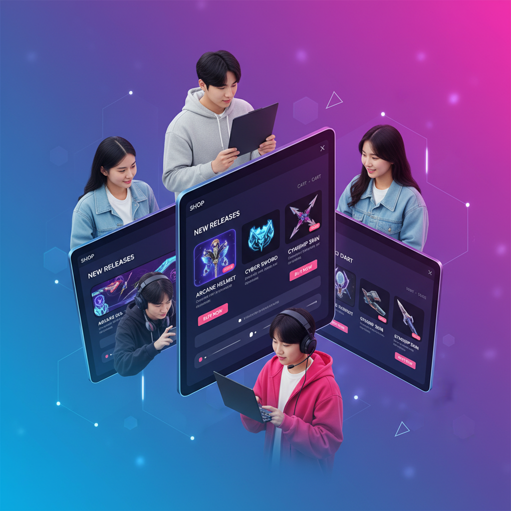 clean infographic, modern layout, high contrast. A diverse group of young adults, some with gaming headsets, actively browsing and purchasing digital game items within a stylized Discord interface on their screens. The background is a vibrant gradient, with subtle geometric patterns. No visible text in image. If UI elements needed, English-only minimal text. Korean appearance, natural expression. Centered focus, visually rich, no empty margins