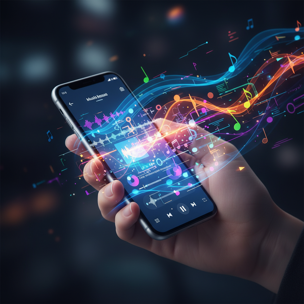 A close-up shot of a hand holding a smartphone displaying a music streaming app interface (no text visible), with abstract musical elements flowing around it. The focus is on discovery and engagement, with a modern, high-contrast infographic style. No text.