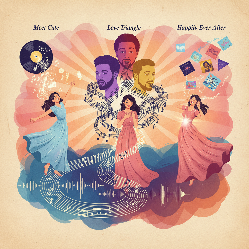 A cinematic illustration of a person's musical journey, transitioning through scenes representing "Meet Cute" (new discoveries), "Love Triangle" (top artists), and "Happily Ever After" (favorite tracks). Styled like a romantic comedy movie poster, with vibrant colors and a textured background. No text.