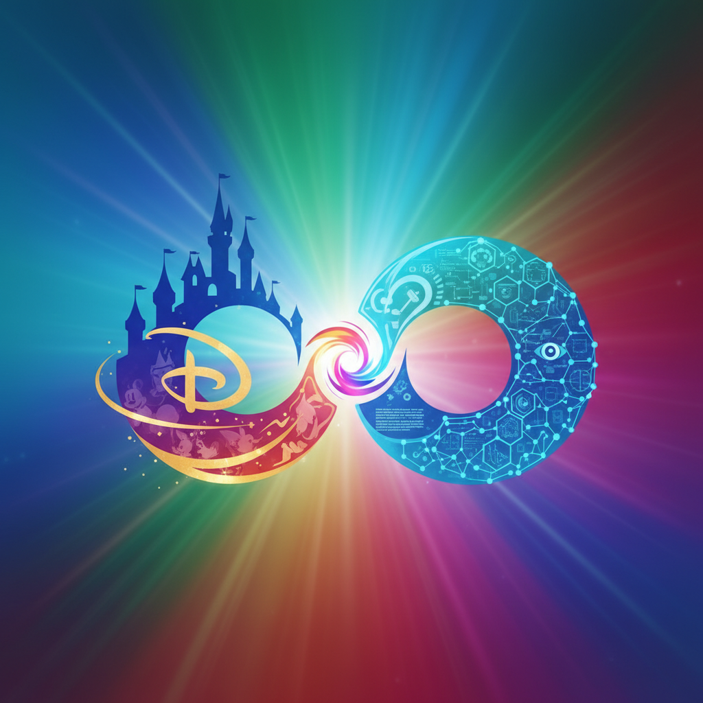 A symbolic representation of Disney and OpenAI's partnership, with their distinct brand elements converging harmoniously, modern clean layout, vibrant colored background, no text