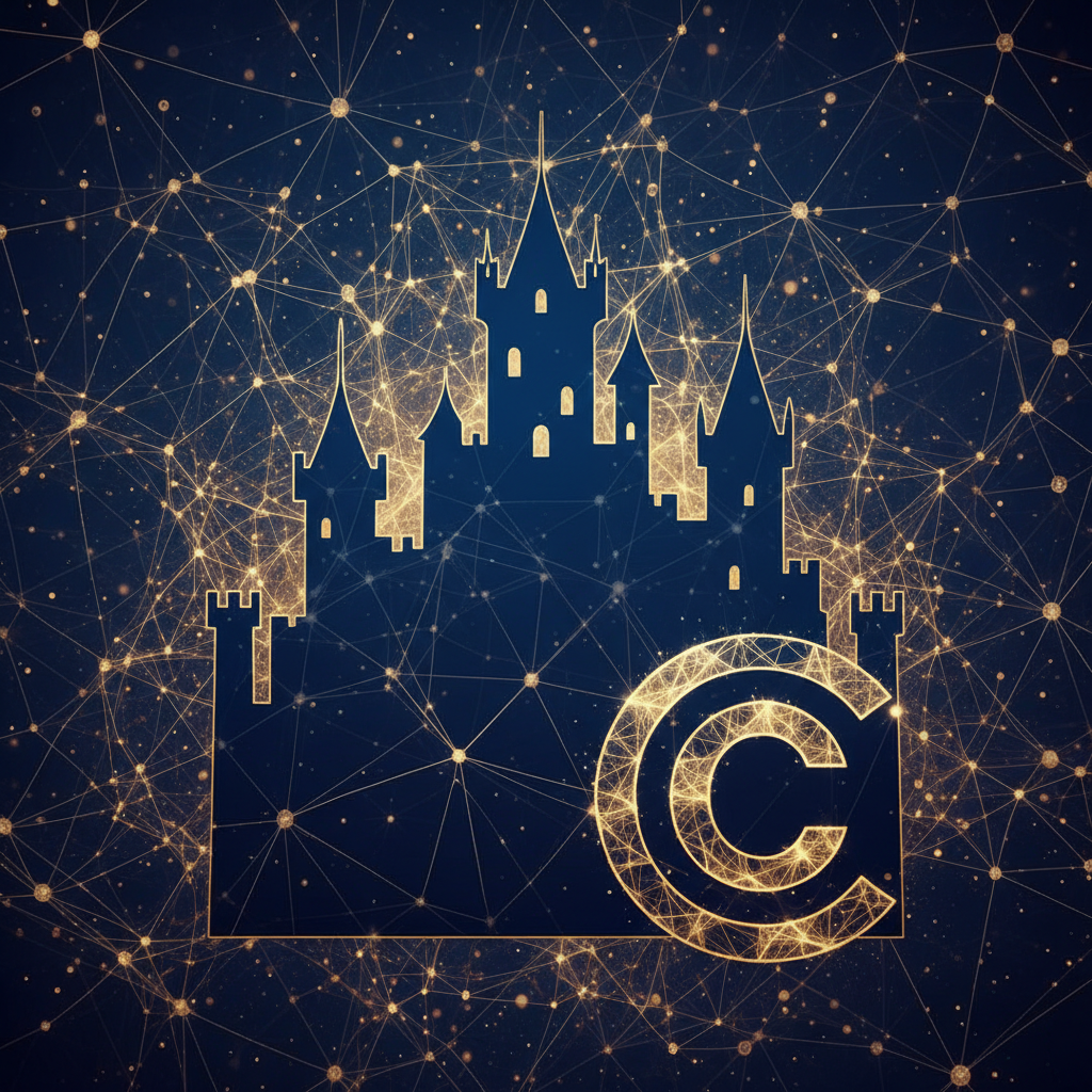 Castle silhouette with subtle AI neural network patterns overlaid, a prominent copyright symbol, in a modern, high-contrast infographic style, with a dark blue and gold color scheme, no text, rich background.