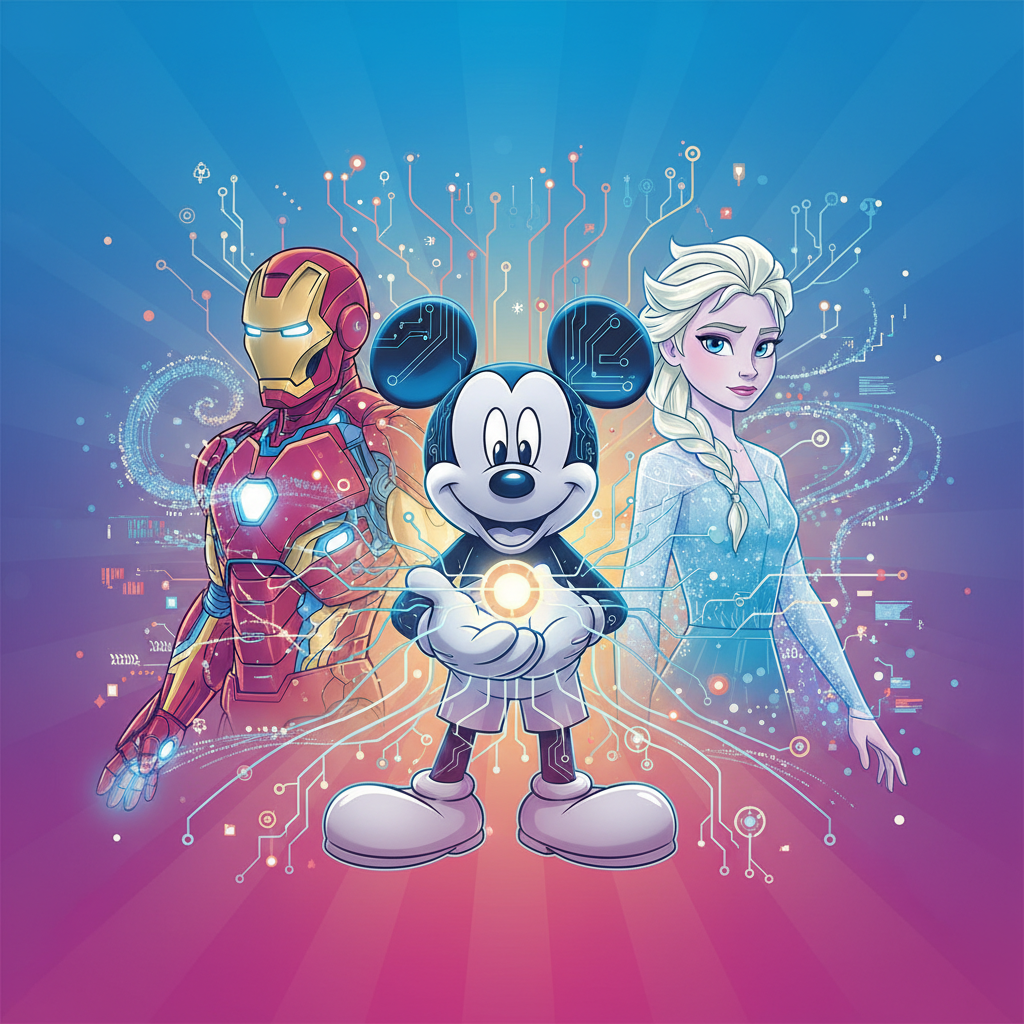 A visually rich, clean infographic showing iconic Disney characters (Mickey Mouse, Iron Man, Elsa) merging with AI tech symbols (neural networks, data streams) on a vibrant gradient background, clean modern layout, high contrast, no text, centered focus, no empty margins, bright, balanced lighting.