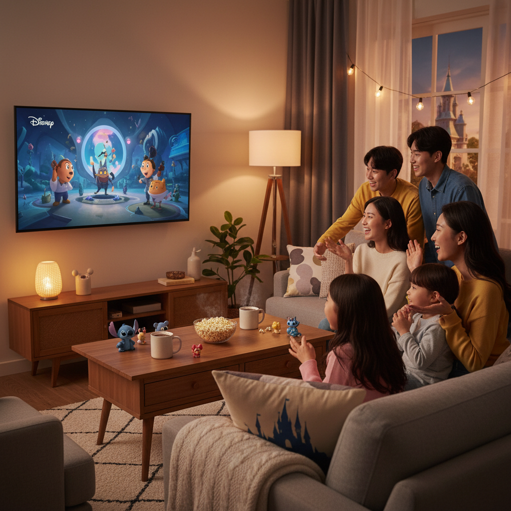 A lifestyle photography scene of a Korean family or friends enjoying Sora-generated Disney content on a large TV screen in a cozy living room. Warm lighting, comfortable setting with subtle Disney decor. No text.