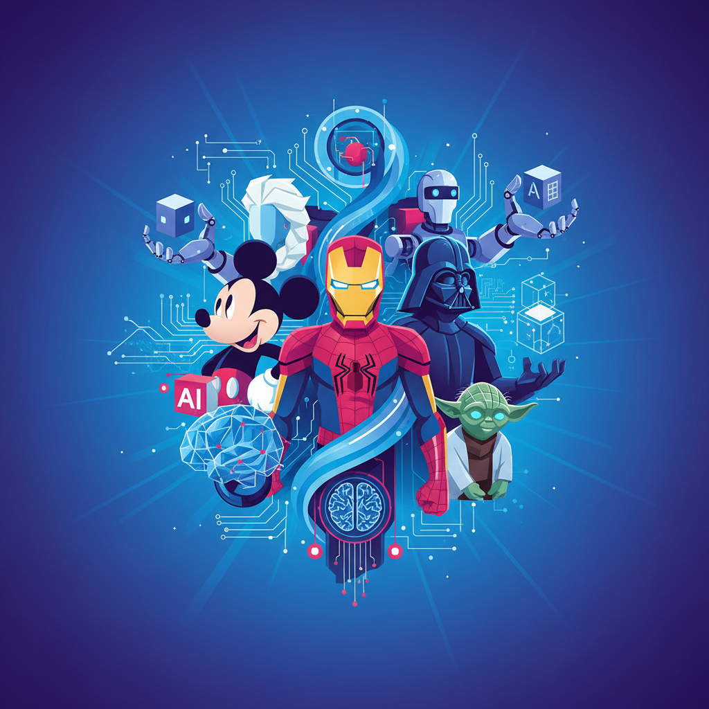 A vibrant scene where iconic Disney, Marvel, and Star Wars characters are integrated with abstract, futuristic AI-themed elements, clean infographic style, high contrast, blue and purple gradient background, no text
