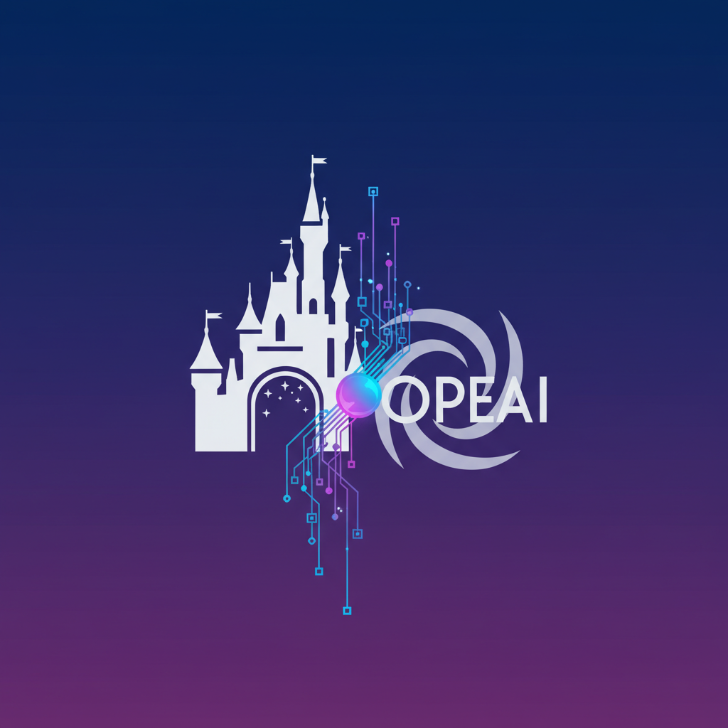 A stylized infographic showing the Disney castle logo and the OpenAI logo merging, with data streams connecting them. Modern layout, high contrast, colored background, no text.