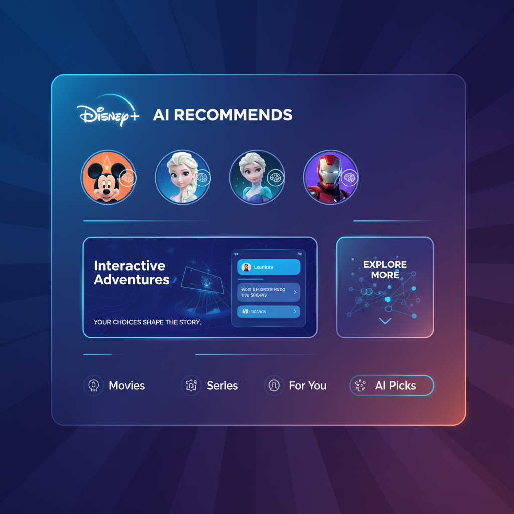 A modern UI concept for Disney+, showing new AI-powered features for content recommendations and interactive experiences. Clean infographic style, modern layout, high contrast, gradient background, minimal English UI text (e.g., "AI Recommends", "Explore More"), no Korean text.