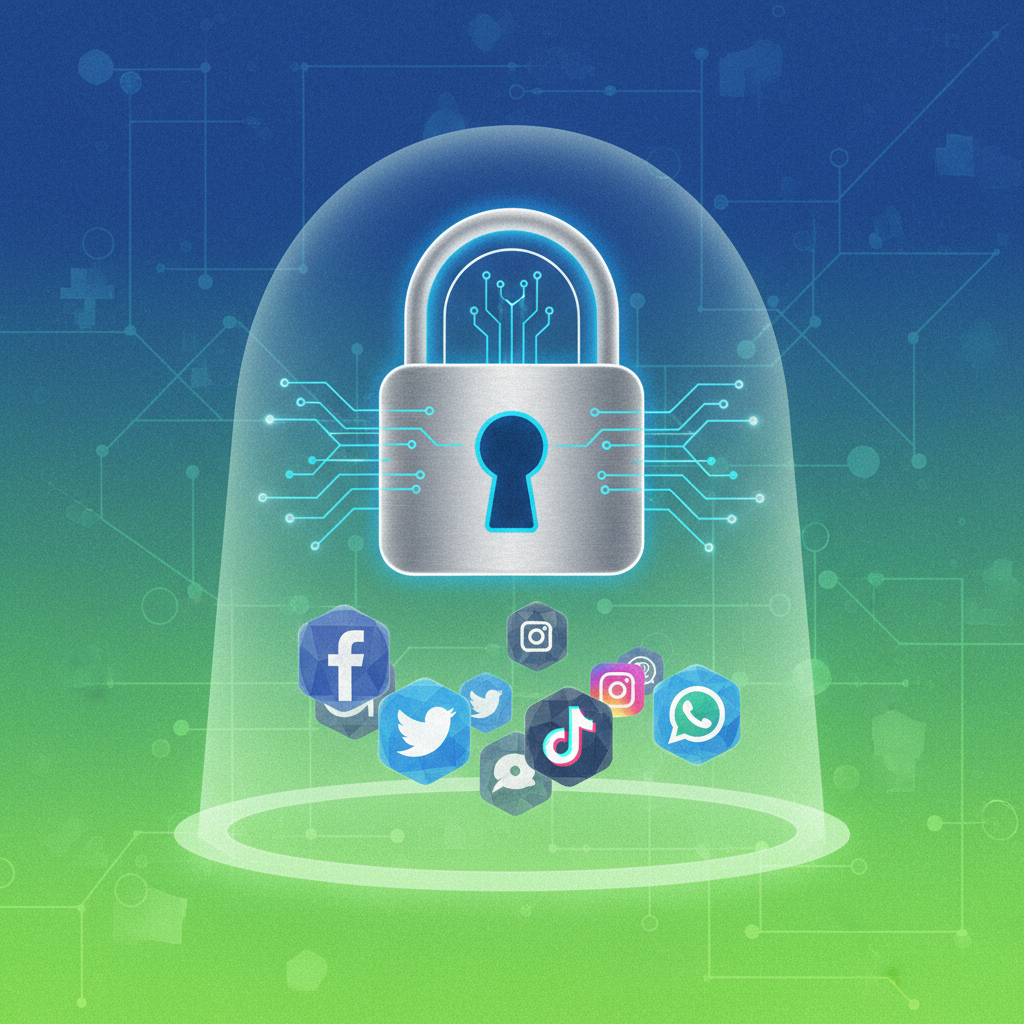 An artistic rendering of a secure digital environment, with a prominent padlock icon protecting various social media application logos. The background features a subtle gradient of blue and green, symbolizing security and connectivity. Style: illustration, artistic rendering, textured background. No text.