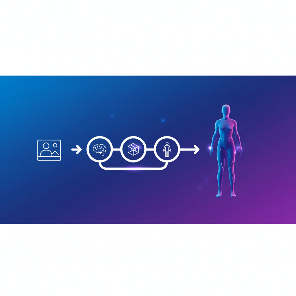 Clean infographic showing the process of digital avatar generation from a single image, modern layout, high contrast, blue and purple gradient background, no text