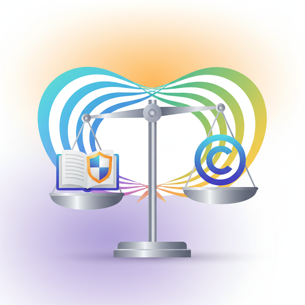 An illustration depicting a scale balancing a book icon (for preservation) and a copyright symbol (for rights) over a background of musical waveforms, clean infographic, colored background, no text, 1:1 aspect ratio, bright lighting.