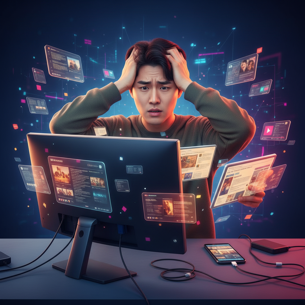 A person feeling overwhelmed by an endless stream of digital content on various glowing screens, warm lighting, colored background, Korean appearance, natural expression, no text