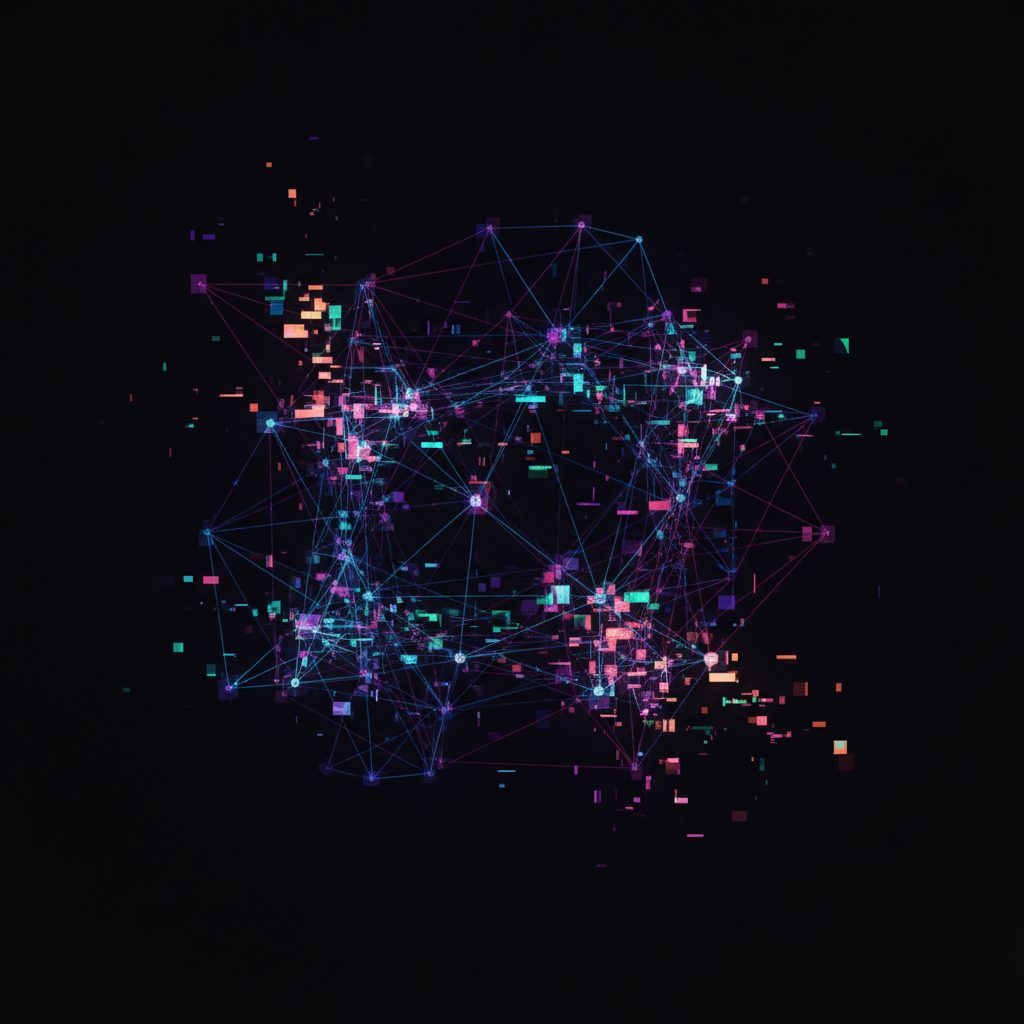 Abstract digital network with glowing lines and disruptive glitch effects, symbolizing cyber threats and information manipulation, dark colored background, high contrast, no text