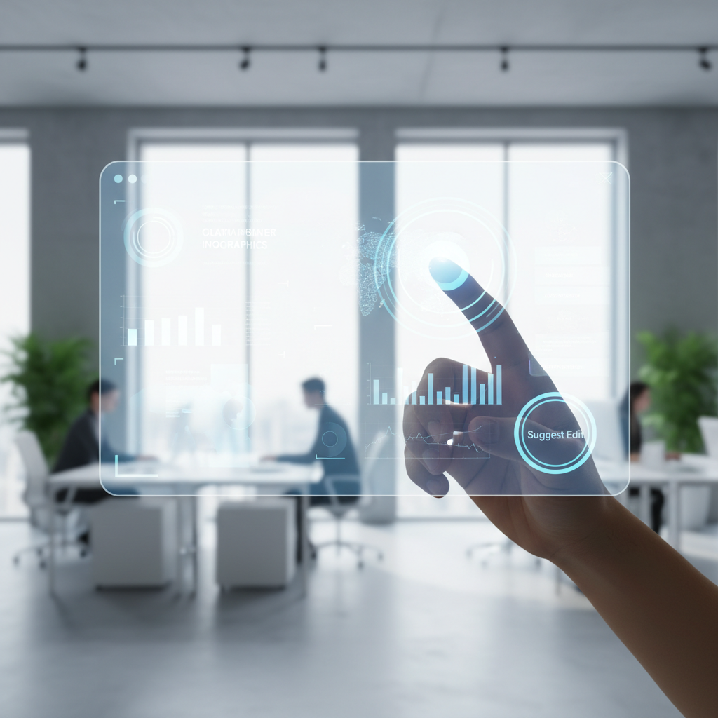 A hand highlighting text on a transparent digital screen, with a 'Suggest Edit' button visible. The background is a modern, clean office setting with soft, natural lighting. Clean infographic, modern layout, high contrast, colored background, centered focus, no text.
