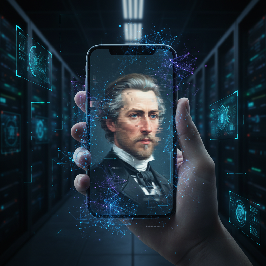 A smartphone screen displaying a deepfake video, the face on the screen is subtly distorted, digital art, glowing lines representing AI, dark, high-tech background, no text
