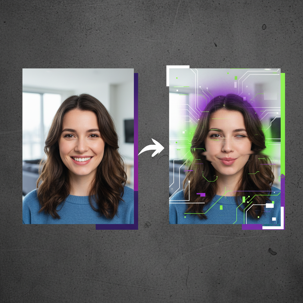 A modern infographic showing two split screens, one with a real person and the other with subtle digital distortions, illustrating how to identify deepfake videos. High contrast, clean layout, textured background. No visible text.