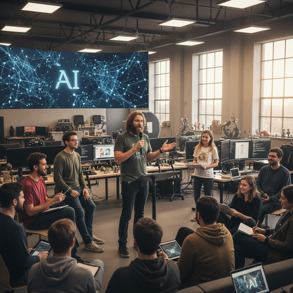 A dynamic scene of Larian Studio CEO Swen Vincke speaking passionately about AI, surrounded by creative developers, modern game studio background, bright lighting, no text, 4:3 aspect ratio