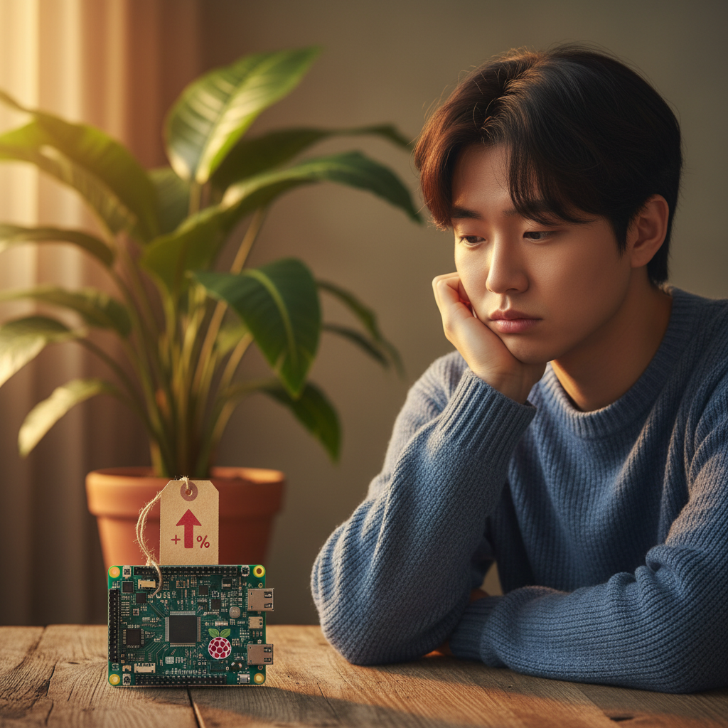 A Raspberry Pi circuit board with a small tag indicating a price increase, next to a sad-looking Korean person, lifestyle photography, warm lighting, natural setting, colored background, no text