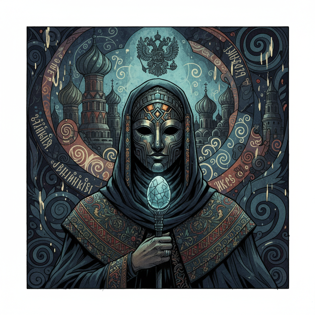 An enigmatic figure in a subtly dark, richly textured background, evoking a sense of mystery and intellect, with elements hinting at Russian cultural motifs, illustration style, no text, 1:1 aspect ratio.