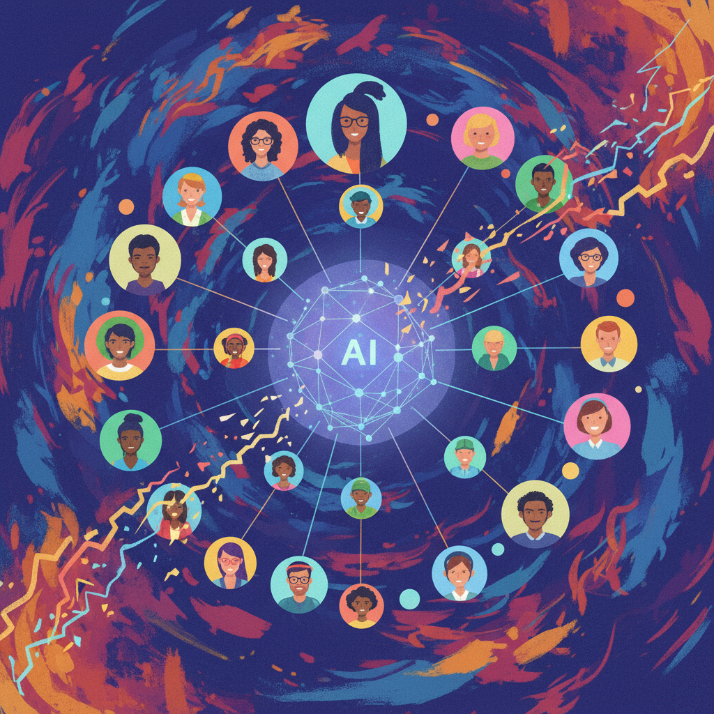 A dynamic illustration showing a diverse online community represented by various user icons, with an AI model (depicted as a subtle, central node) intelligently filtering or moderating interactions, specifically handling nuanced rules. The style is clean and informational with a vibrant, textured background. No text, full frame.