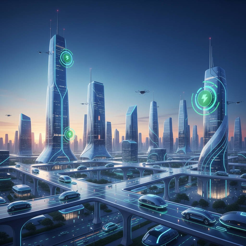 A dynamic, high-contrast infographic of a futuristic city where level 4 autonomous vehicles smoothly operate, showing a blend of advanced technology and urban harmony. Emphasize safety and efficiency. Gradient background, bright and balanced lighting. No visible text.