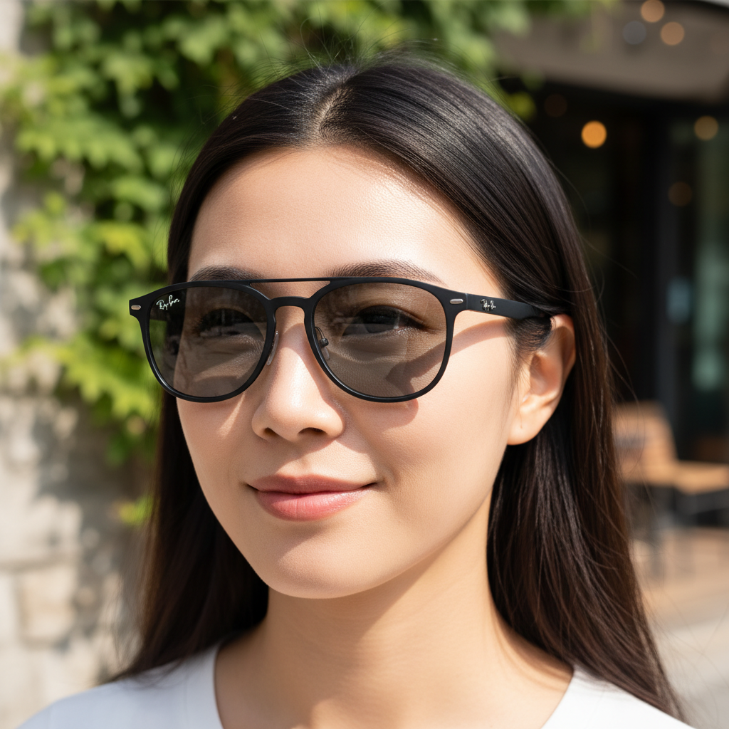 A Korean woman confidently wearing Ray-Ban Meta smart glasses, smiling subtly outdoors. The focus is on the stylish design of the glasses and the natural expression of the wearer. Lifestyle photography, bright lighting, textured background, no text, 4:3 aspect ratio