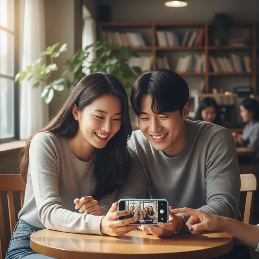 Two friends happily viewing a shared photo on a phone, with a timestamp at the bottom. Another person's hand is shown tapping to delete an unwanted photo. Bright, natural lighting in a cozy cafe setting, Korean appearance, natural expression, no text.