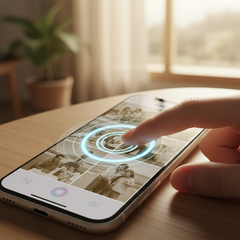 Close-up of a hand gently spinning an iPod-inspired dial on a smartphone screen, showing old photos flipping by. The screen has a subtle haptic effect indicated by light ripples. Warm indoor lighting, soft focus background, modern layout, Korean appearance, no text.