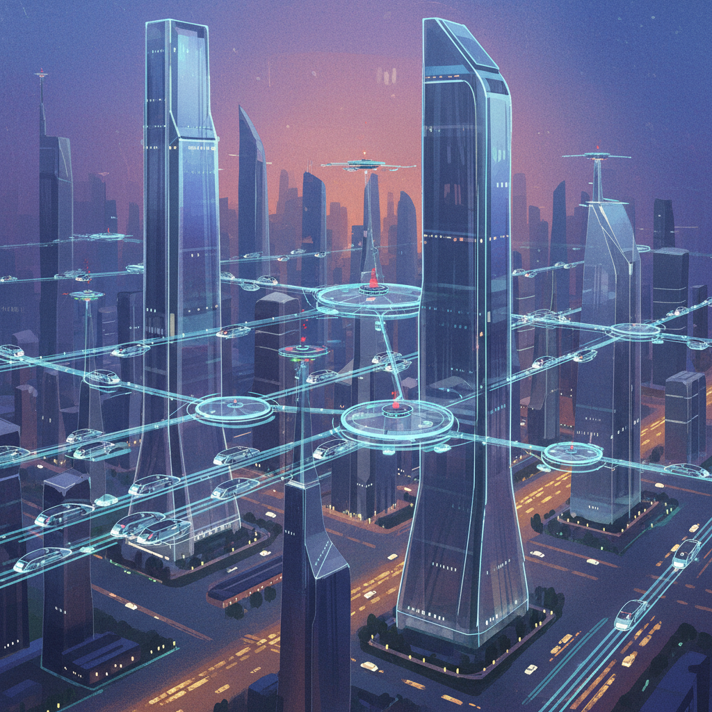 Illustration, artistic rendering, textured background. A futuristic urban landscape with autonomous vehicles moving smoothly under a sophisticated "air traffic control" system for robotaxis, showing interconnected routes. Bright, balanced lighting, colored background. No visible text.