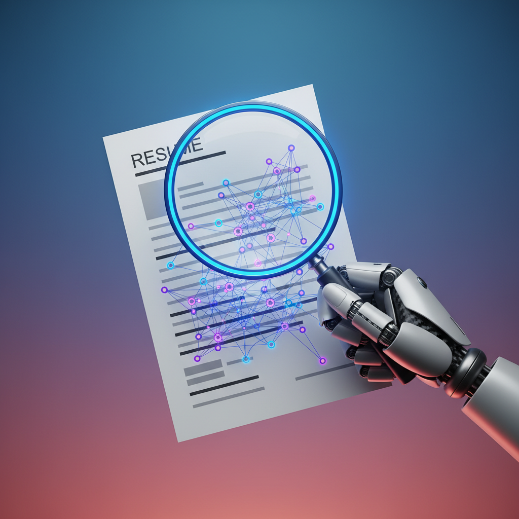 A realistic depiction of a robot's hand holding a magnifying glass over a resume, with glowing lines indicating AI analysis flowing across the document, clean infographic style, high contrast, gradient background, no text, 1:1 aspect ratio