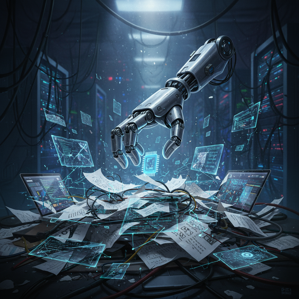 A robotic hand attempting to sort through a chaotic pile of documents and digital screens, symbolizing the confusion and lack of organization in AI-driven editing. The background is a dimly lit, high-tech workspace. Illustration, artistic rendering, textured background, bright lighting, centered focus, no text.