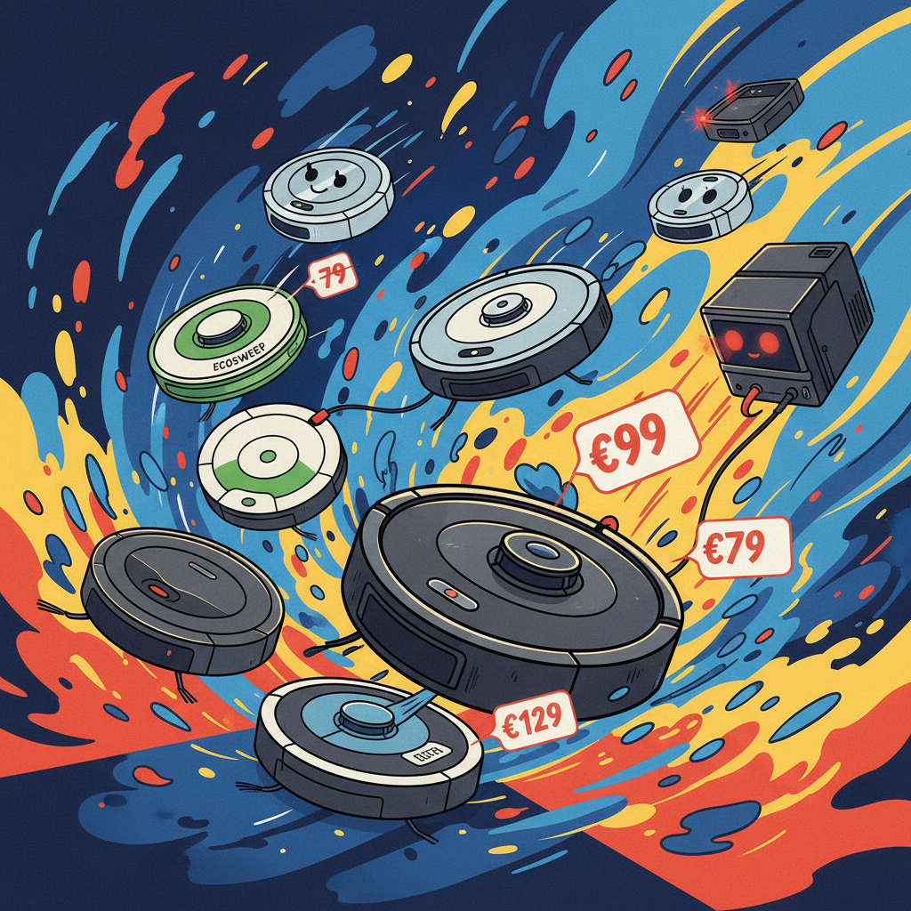 A dynamic illustration showing various robot vacuum cleaner brands, some with simpler designs and lower prices, competing against a more established but struggling Roomba, symbolizing market competition, modern layout, high contrast, colored background, no text