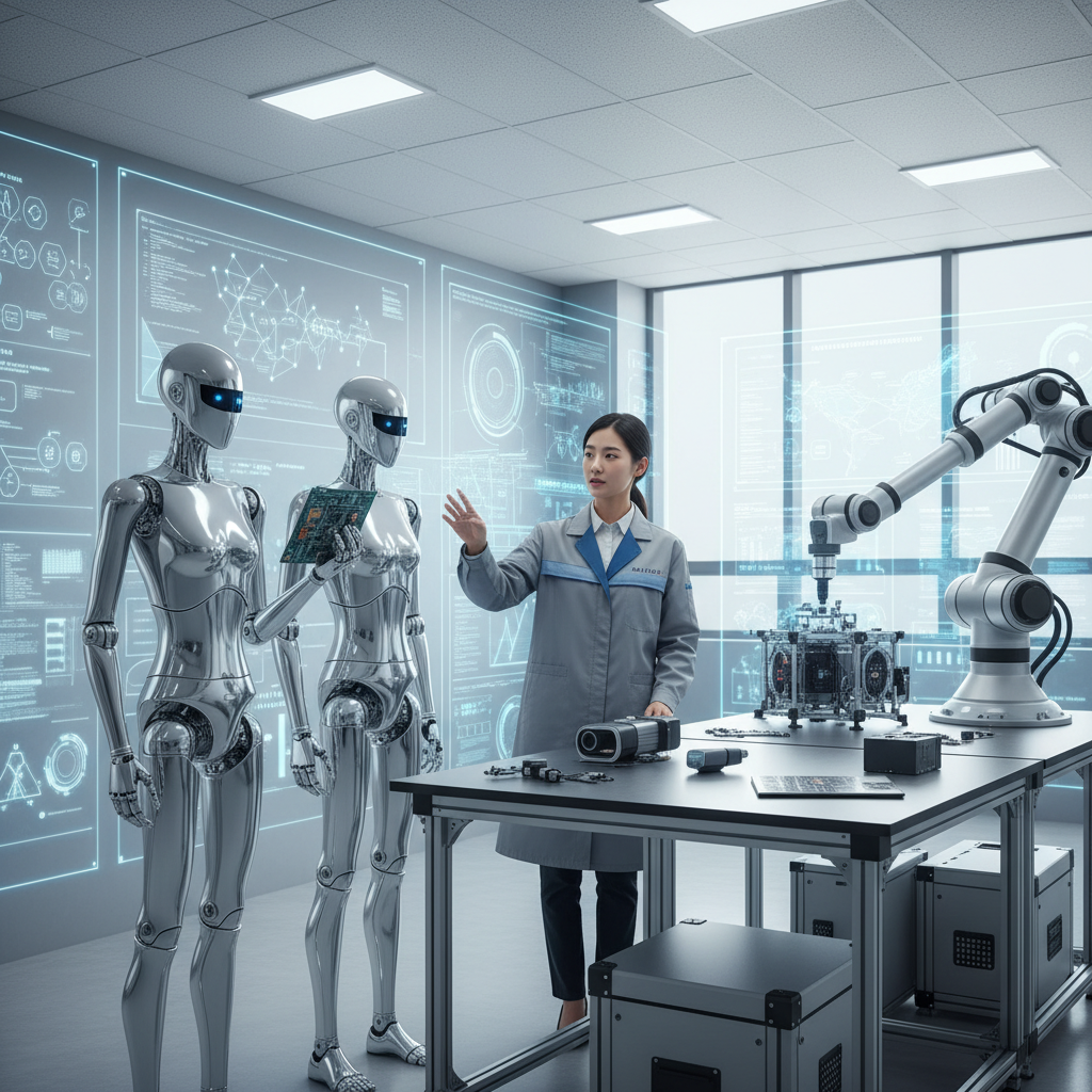 An advanced robotics laboratory with a Korean engineer collaborating with several sleek, modern robots. The background shows digital schematics and data visualizations related to AI and automation. Bright, balanced lighting, professional atmosphere, no text.