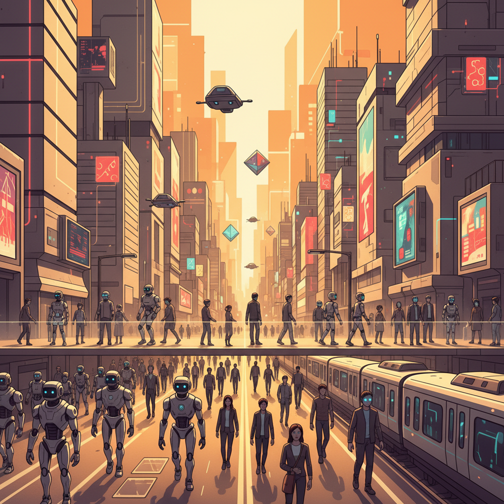 A futuristic city street bustling with diverse robots and people, clean infographic style, warm lighting, vibrant colored background, Korean setting, no text, 4:3 aspect ratio
