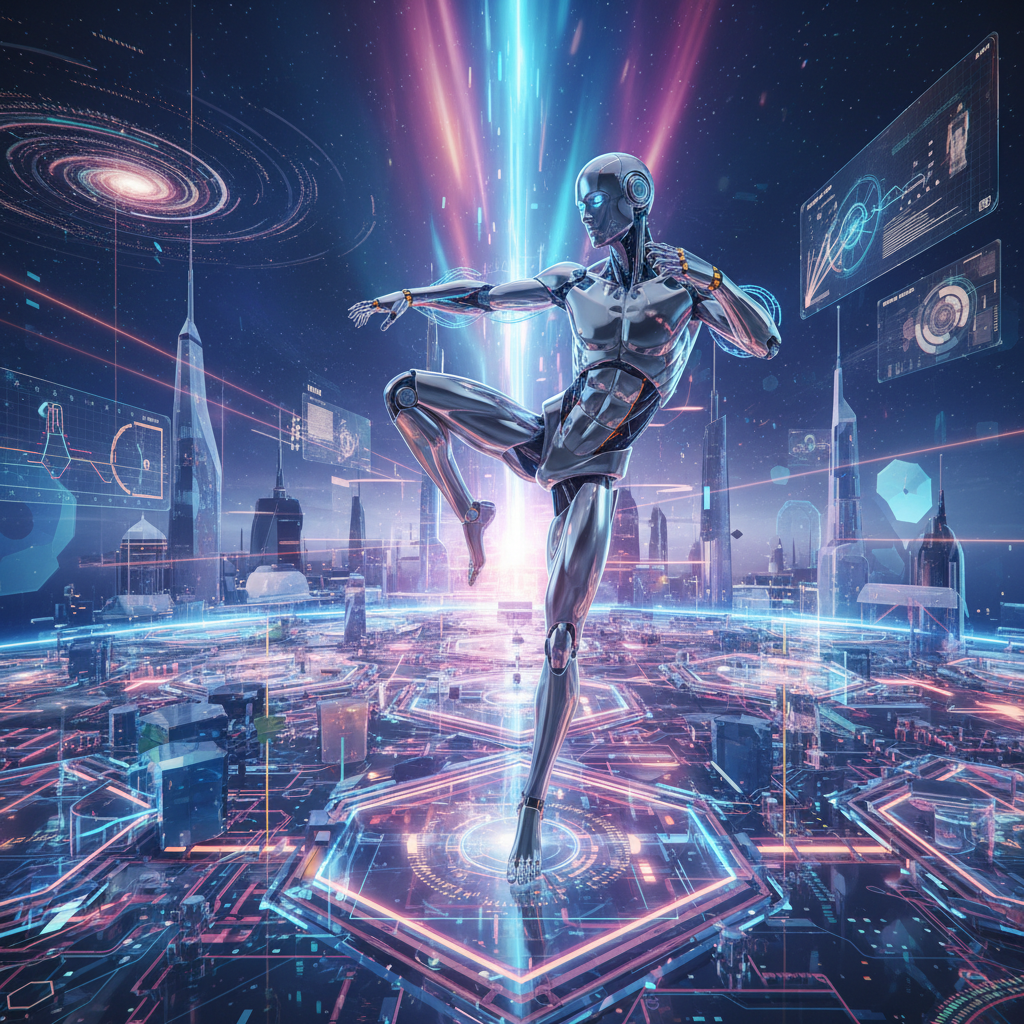 Realistic depiction of a humanoid robot training in a complex virtual environment, dynamic lighting, futuristic setting, rich background, no text, centered focus