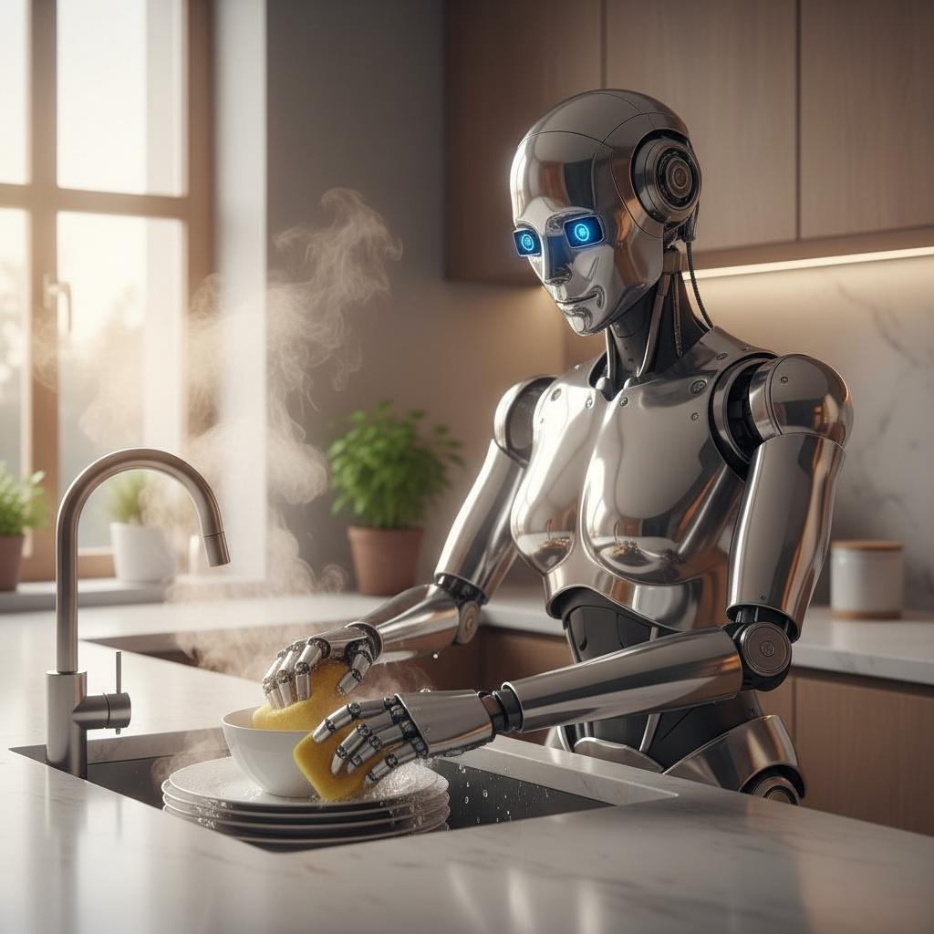 A humanoid robot carefully washing dishes in a modern kitchen, with steam rising from the sink and water glistening on the dishes. The robot's hands are precisely manipulating a sponge, with a warm and clean background, no text, 1:1 aspect ratio.