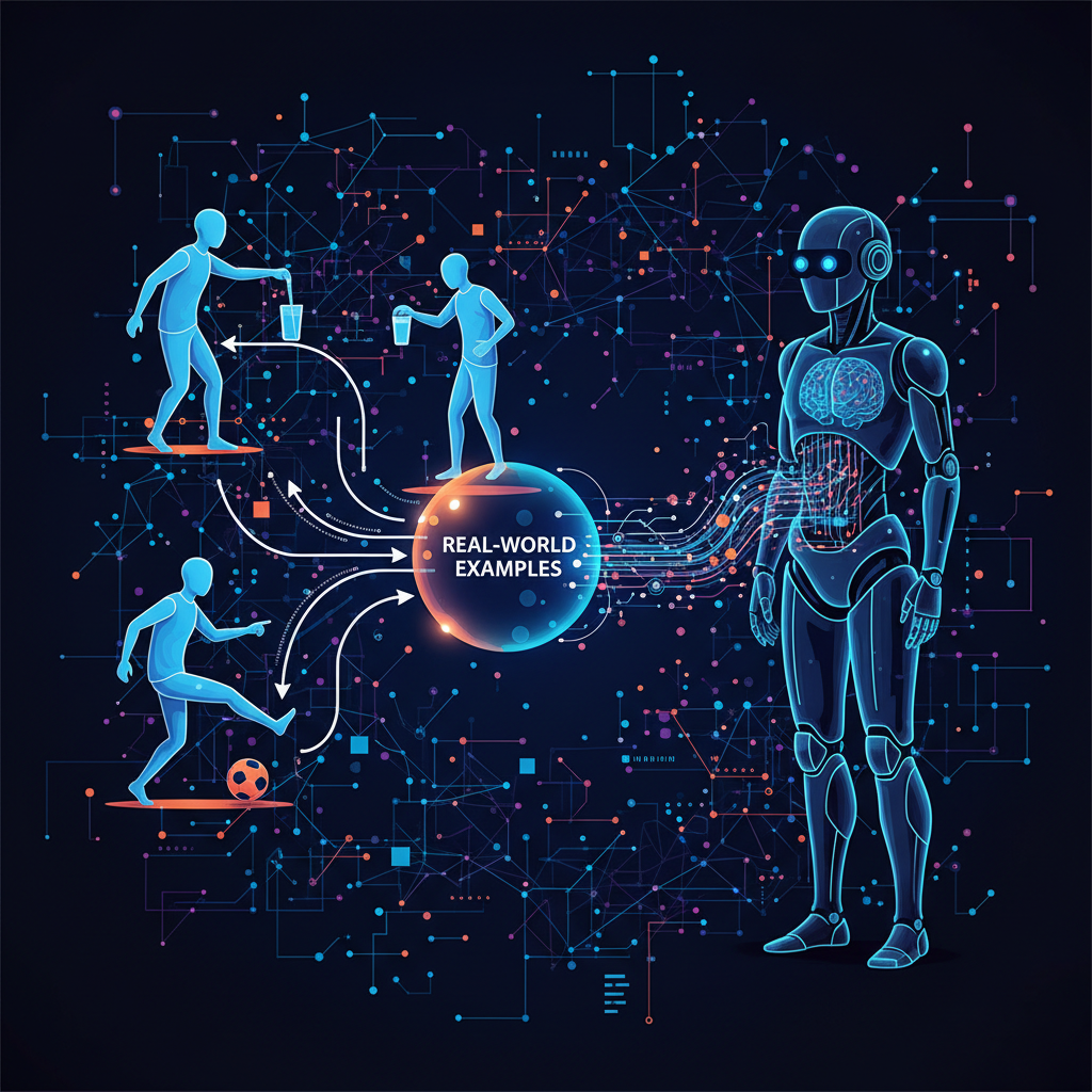 A stylized infographic showing data flow from human actions to a humanoid robot, illustrating how robots learn from real-world examples. The background is a network of data points and lines, clean infographic, modern layout, high contrast, no text, 1:1 aspect ratio.
