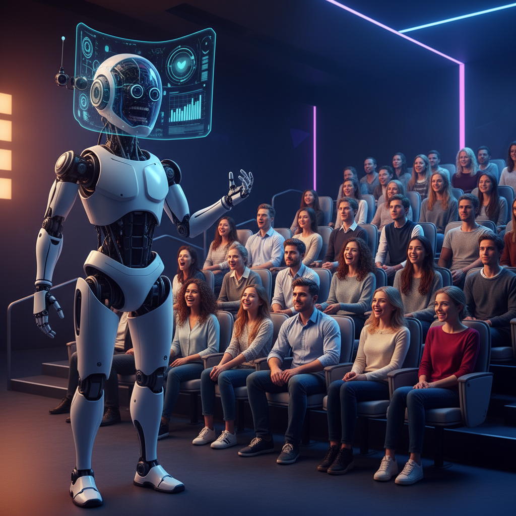 A robot analyzing audience facial expressions, people with various emotional expressions reacting to the robot, modern layout, high contrast, colored background, no text