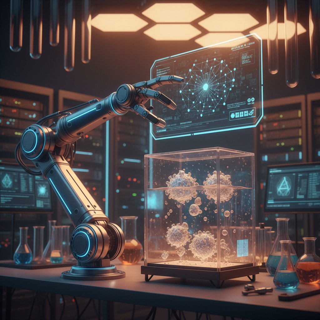 A futuristic robot arm learning to interact with complex objects in a lab setting, advanced AI interface, scientific environment, warm lighting, no text