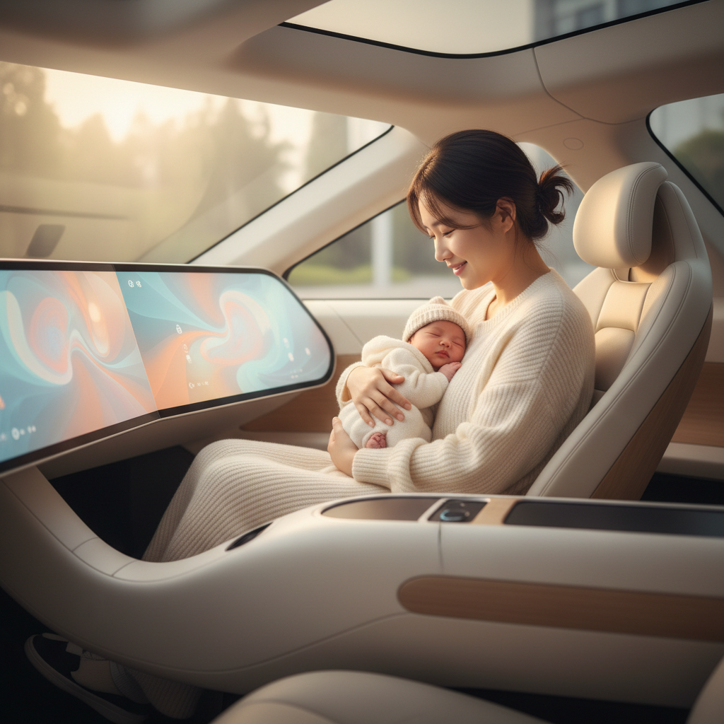 A heartwarming scene of a newborn baby in a futuristic self-driving car (Waymo-like interior), warm lighting, soft focus, colored background, Korean appearance mother, no visible text.