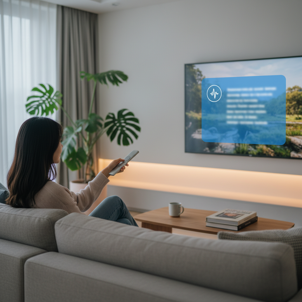 A Korean person interacting with a smart TV using a remote control, AI chatbot interface subtly shown on TV screen, modern living room setting, soft ambient lighting, lifestyle photography, no text