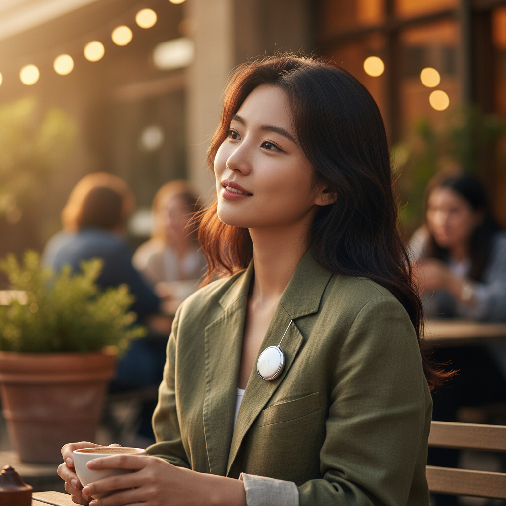 lifestyle photography, warm lighting, natural setting, a Korean person wearing a sleek, minimalist AI pendant device subtly attached to their clothing, suggesting effortless conversation recording, with a soft blurred background of a cafe, no text.