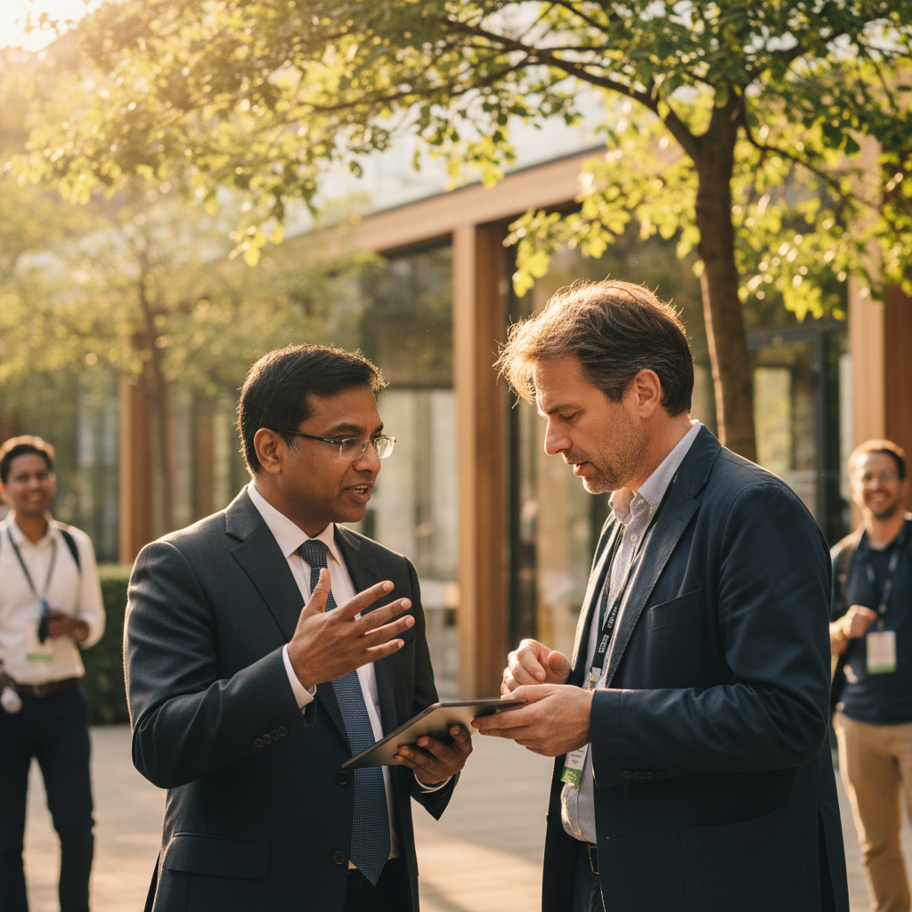 A candid lifestyle photography shot of two prominent figures, one resembling Rishi Sunak and the other Elon Musk, in a discussion at a tech summit, warm lighting, natural setting, no text