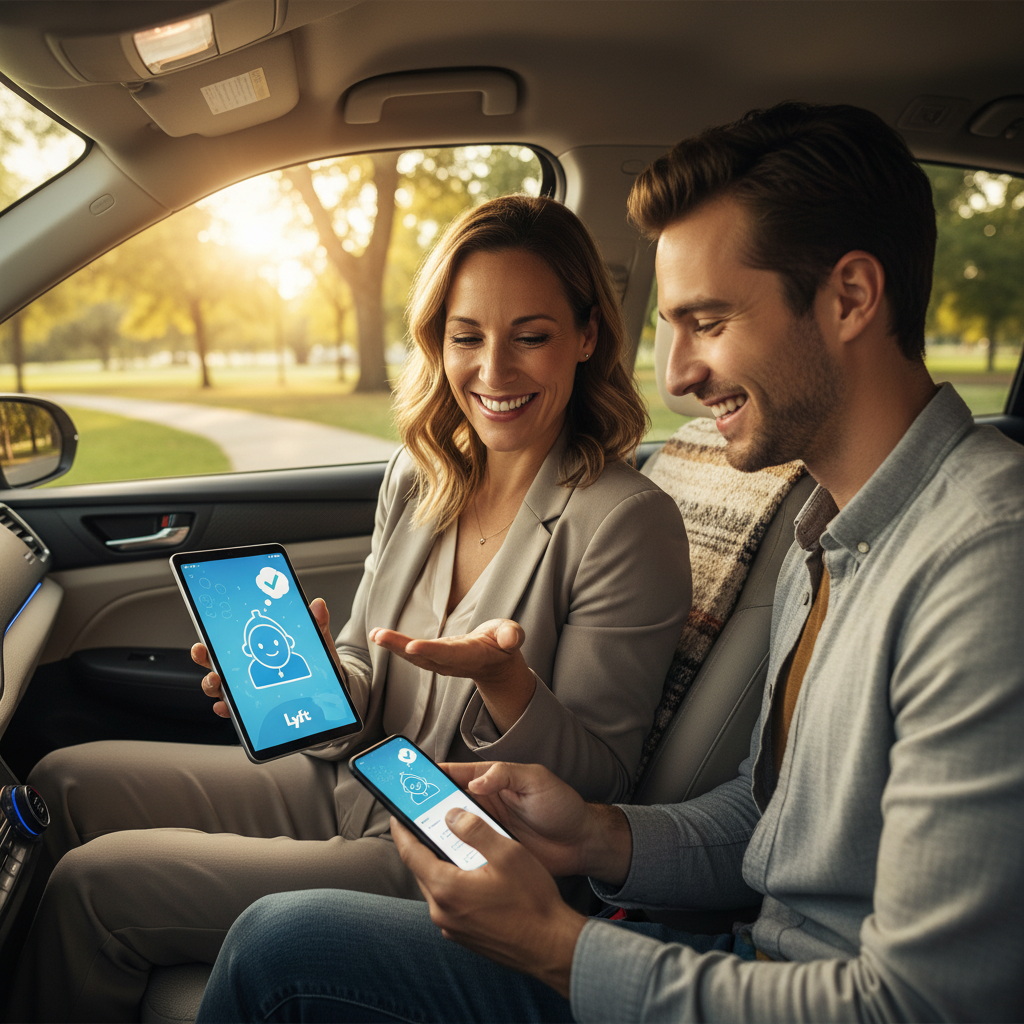 Lifestyle photography showing a Lyft driver and a passenger resolving an issue seamlessly with an AI agent. Focus on clear, happy interactions and modern technology. Warm lighting, natural setting, textured background. No visible text.