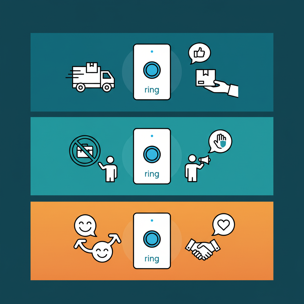 Clean infographic showing various scenarios where a Ring doorbell with AI responds to visitors (delivery, sales, friends). Modern layout, high contrast, colored background, no text, 1:1 aspect ratio